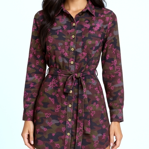 Vilagallo Camouflage Shirt Dress Size 40 Medium Green Pink Belt Button-Down RARE - Picture 1 of 12